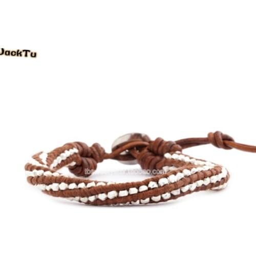 Promotional silver nuggets natural brown jewelry leather bracelet gift unique design bracelet