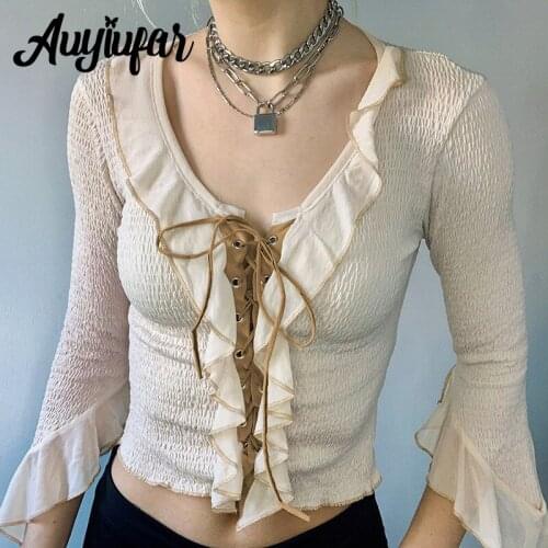 Auyiufar Grunge Fairycore Ruffles Lace Up Crop Top Ruched Flare Sleeve Y2K Vintage T Shirts 2021 Slim Bodycon Solid V Neck Tops