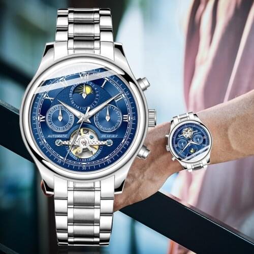 SENORS Men Automatic Mechanical Watches Fashion Luxury Tourbillon Self-Wind Watch Mens Stainless Steel Waterproof Wristwatch