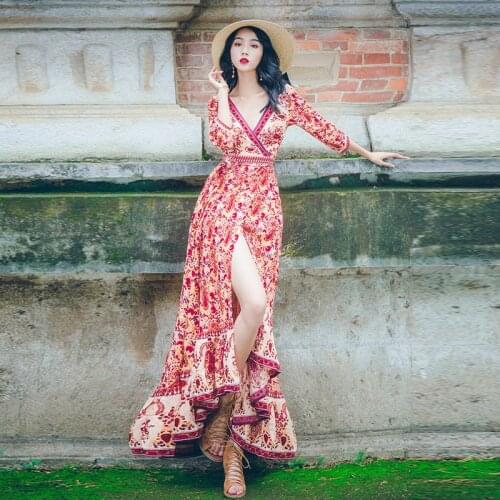 Floral Print Bohemian Beach Dress Women Long Chiffon Dress 3/4 Sleeve Split Boho Style Maxi Dress Sundress Beach Party Vestidos