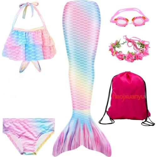 Children Mermaid Tails for Swimming Girl Mermaid Tail Swimmable Swimsuit Kids Costume Cosplay Bikini Sets with Goggle Garland