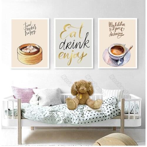 Chinese Dishes Canvas Painting Wall Poster Quote Food Makes Me Happy Delicious Dumpling Soup for Kitchen Restaurant Wall Decora