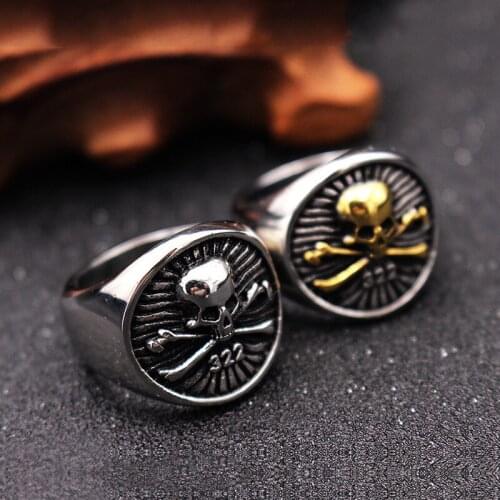 Punk Gothic 322 Pirate Skull Ring Stainless Steel Biker Skull and Bones Signet Rings For Men Women Fashion Pagan Jewelry Gift