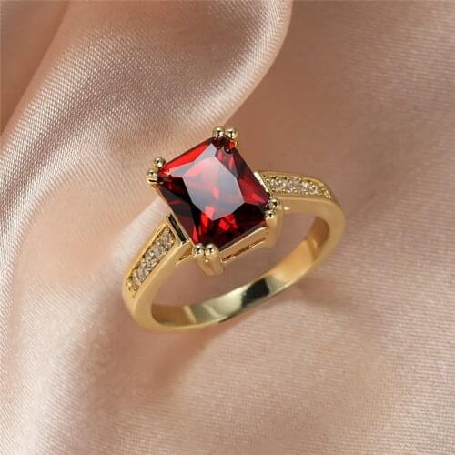 Geometric Red Crystal Zircon Ring Cute Square Stone Rings For Women Luxury Jewelry Vintage Fashion Yellow Gold Engagement Ring