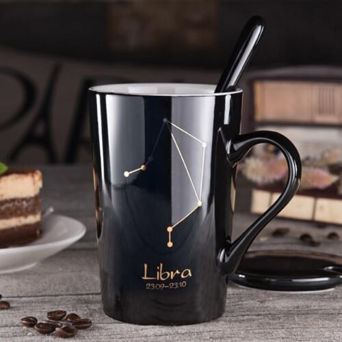 12 Constellations Black And Gold Bone China Porcelain Coffee Milk Mug With Stainless Steel Spoon Zodiac ceramic cup 400ML
