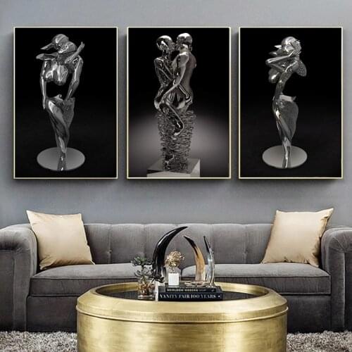 Lover Hugging Kiss Romantic Metal Sculpture Canvas Painting Posters Prints Abstract Statue Wall Art Pictures Living Room Decor