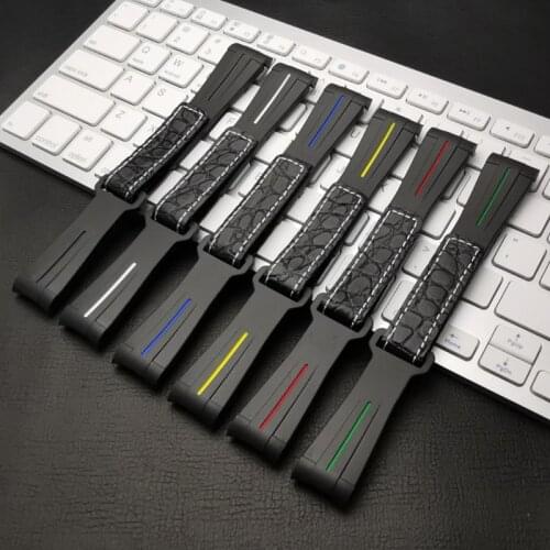 20mm New Black Curved End Leather Silicone Rubber Watchband For Role Daytona Submariner DEEPSEA GMT Omega SEAMARSTER Strap