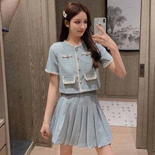 Spring Summer New Style Small Fragrance Fashion Ladies Jacket + High Waist Pleated Skirt Suit Female Korean Pleated Skirt Suit