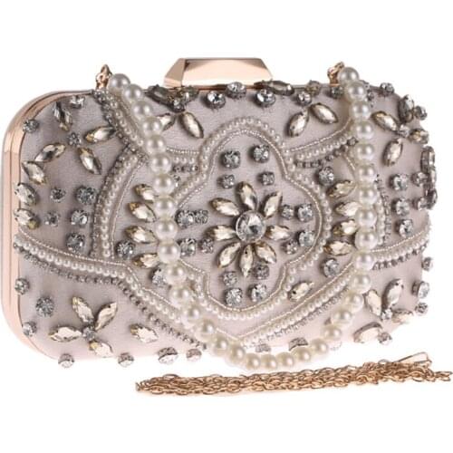 Diamond Evening Clutch Bag for Women Wedding Clutch Purse Chain Shoulder Bag Party Handbag with Pearl Handle