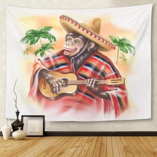 Funny Monkey in Mexican Traditional Dress Playing Guitar Digital Tapestry Wall Hanging for Living Room Bedroom Dorm 50x60 inches