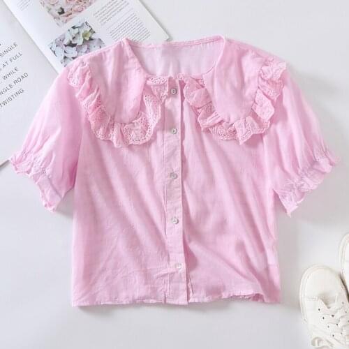 Women Casual Single Breasted Blouse Shirts Fashion Peter Pan Collar Short Sleeve Tops Summer 2021 Female Chic Shirts