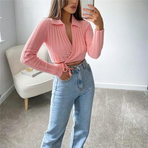 2021 Spring Woman Y2K Pink V Neck Crop Knitted Tops Female Sexy Lacing Sweates Ladies Streetwear Slim Short Cardigan