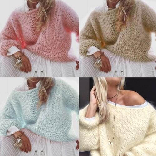 Women Lantern Long Sleeve Sweater Fluffy Mohair Chunky Knit Loose Jumper Tops F3MD