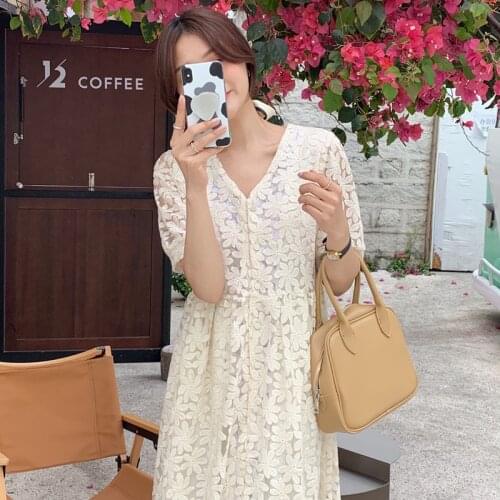Elegant Flower Lace Flower Beige Long Shirt Dress 2021 Women Summer V Neck Single Breasted Midi Sundress