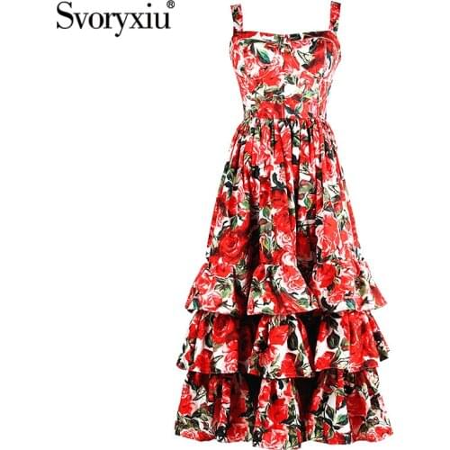 Svoryxiu Runway Designer Boho Womens Midi Dresses Spaghetti Strap Rose Print Cascading Ruffle Vacation Dress