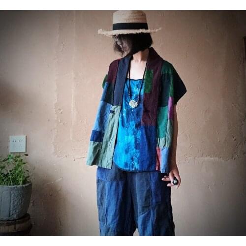 Women Loose Cotton Linen Random Color patchwork Vests Waistcoat Outerwear Ladies Spliced Sleeveless Coat Female Vest 2020