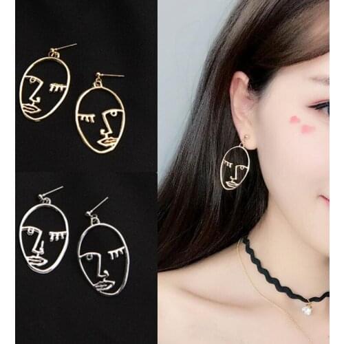 2020 Trend Fashion Gold Tone Face Statement Earrings For Women Girls Chic Abstract Art Face Hollow Oval Earrings Bijoux Gifts