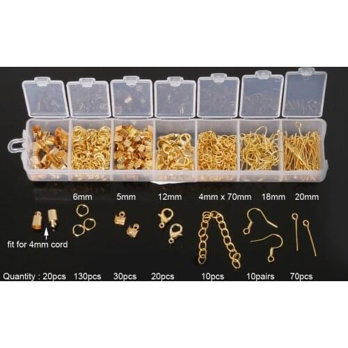 300pcs/set, Mixed Style Kit Gold/Silver Color open Jump Ring,End Caps,Clasp,Chain,Hook, Pins for Jewelry Making Findings