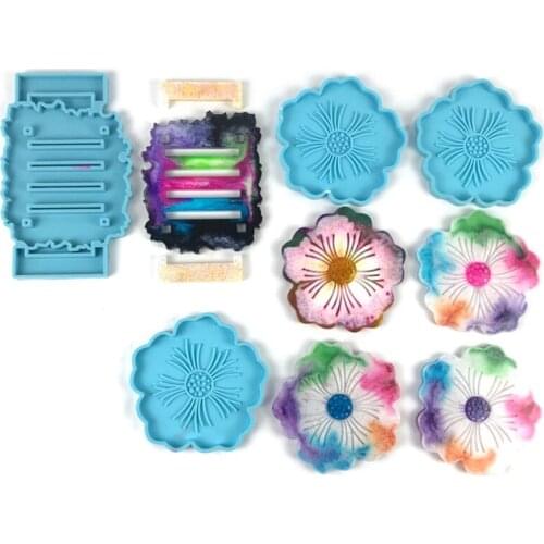 4Pcs/Set Cup Mat Pad Silicone Mould DIY Crafts Casting Tool Flower Shape Coaster With Storage Rack Epoxy Resin Mold