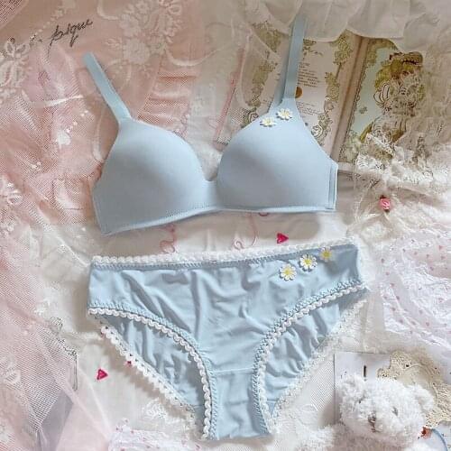 Sweet Blue Daisy Womens Japanese Bra & Panties Set Wirefree No Trace Soft Underwear Sleep Intimates Set Lolita