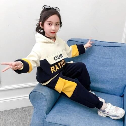 Beautiful Kids Girl Clothes Sets Spring Girl Plus Velvet Thick Sports Suit Korean Hooded Sweater + Trousers Casual Warm Suit