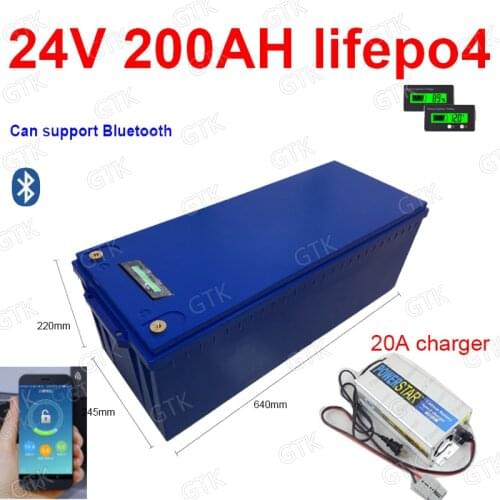 GTK 24V 200AH lifepo4 lithium Battery bluetooth BMS APP 8S for 2400w Solar motorhomes backup power Inverter RV UPS +20A Charger