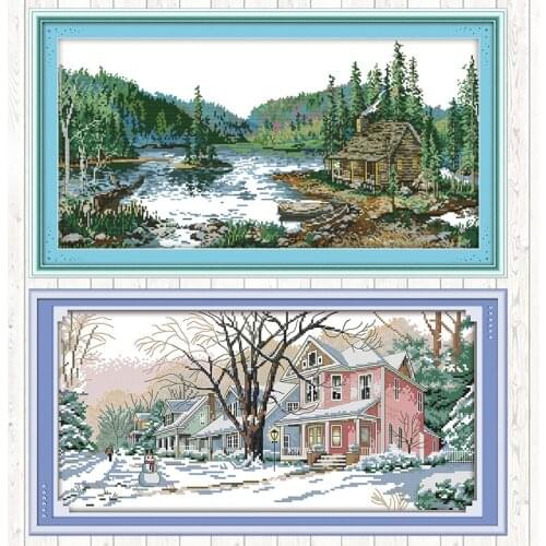 Joy Sunday Chinese Cross Stitch Embroidery Kit Winter Street Patterns Counted Fabric 14ct 11ct Printed Canvas for Needlework Kit