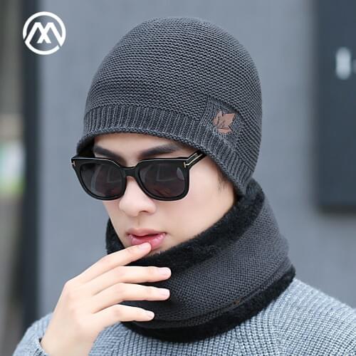 New winter knit mens knit cotton caps warm and comfortable plus velvet thick and beautiful embroidered hats scarf Beanies male
