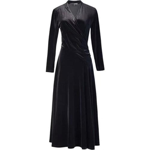 2020 Autumn V-Neck Elegant Vintage Dress Women Winter Long Sleeves Solid Velvet Dresses Female Casual Loose Vestidos Plus Size