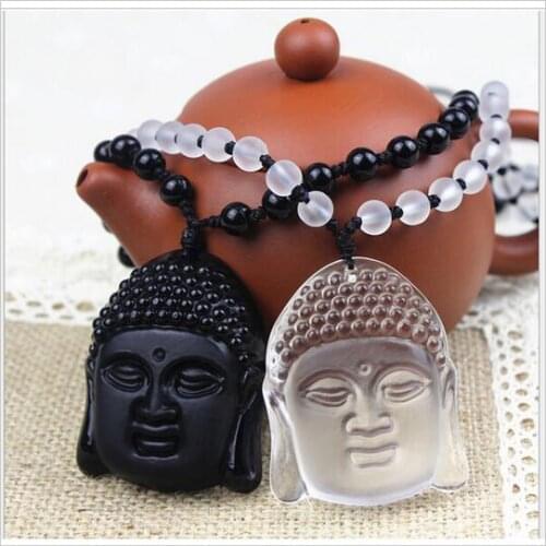 Natural obsidian&Natural quartz White crystal Buddha Sakyamuni Lucky safeness necklace talismans Long tathagata necklace
