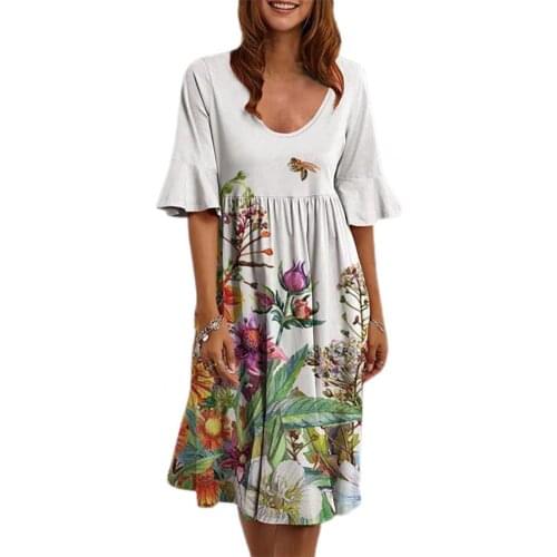 Spring Summer Bohemian Women Dress Floral Print Short Sleeve Loose Knee-length Dress for Beach Fashion Casual Dress Mini Dresses