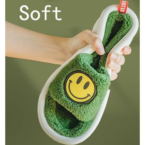 Qmaigie men Slippers winter Smiley Fluffy Push Indoor Slippers women Cute Cartoons Bedroom Slides male house slippers for men