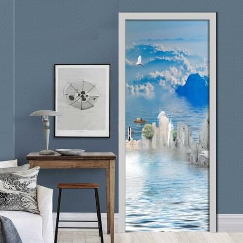 Blue Sky White Clouds Landscape PVC Self-adhesive Waterproof Door Sticker 3D Wallpaper Decal Living Room Door Decor Poster Mural