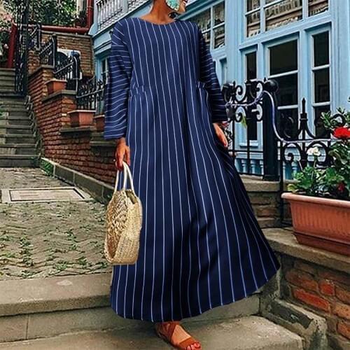 VONDA 2021 Women Casual Loose Maxi Dress Women Stylish Striped Dress Autumn Bohemian Party Vestidos Femme Casual Loose Robe 5XL