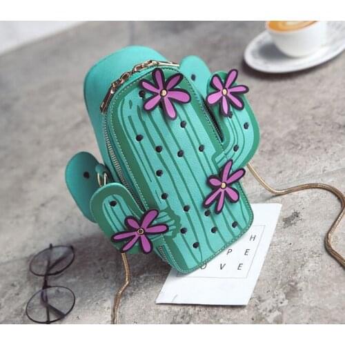 PU Bags for Women 2021 Kawaii Bag Embroidery Handbags Chain Flower Cactus Bag Phone Wallet Crossbody Messenger Green Purse