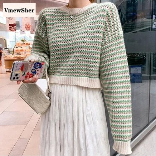 VmewSher Striped Colorful Short Polluver Sweater Women Winter Fashion Korean Style Knitted Sweater Autumn Loose High Waist Tops