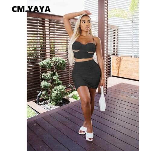 CM.YAYA Women Summer Two Piece Set Sexy Night Party Streetwear Backless Crop Tops and Midi Mini Skirts Matching Set Outfits 2021