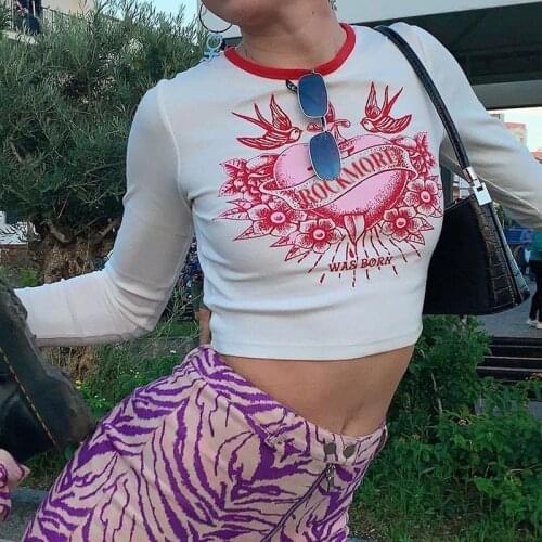 Printed Crop Top Women T-Shirt Y2K Aesthetic Long Sleeve T Shirt O Neck Pullovers Retro Cute Tshirts Women Harajuku Top Shirt