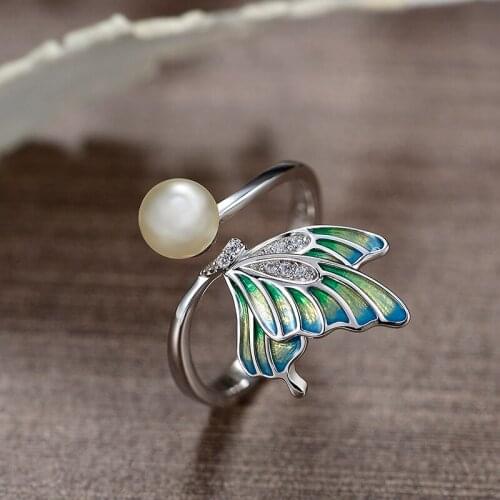 Women Rings Green Butterfly Painting Pattern Open Ring with Pearl For Women Wedding Valentines Day Engagement Jewelry