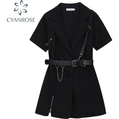 Gothic Punk Black Blazer Dress Short Sleeve 2021 Summer High Waist With Belt Streetwear Fashion Harajuku Goth Dress Girl