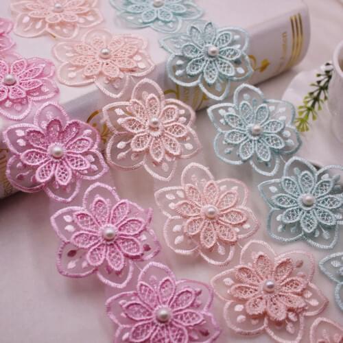 1Yards Beautiful Flower Pearl Beaded Embroidered Lace Ribbon Trim Beaded Fringe African Lace Fabric Handmade Sewing Supplies