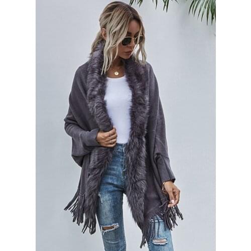 2021 Winter Fur Collar Shawls And Wraps Cardigan Sweater Women Bohemian Fringe Oversized Batwing Sleeve Ponchos Cardigans Coat