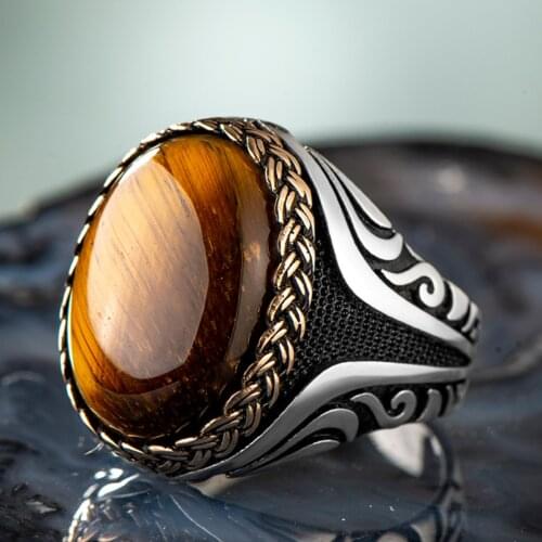 925 Sterling Silver Oval Brown TigerEye Stone Mens Ring Affordable Ring for Men Special Accessory Exclusive Ring Made in Turkey