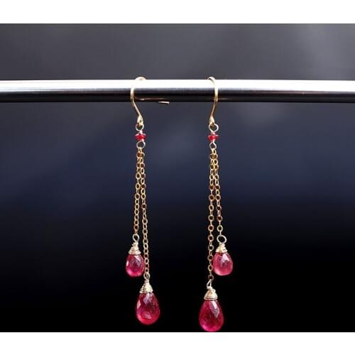 DAIMI Ruby Long Earrings Yellow 18K Gold Genuine Gemstones Earrings Female Day Simple Gift for Girlfriend
