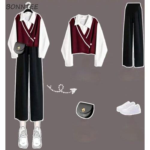 Pant Sets Women Leisure Chic Korean Preppy Style Girls Wide Leg Trouser Ulzzang Trendy All-match Spring Outfit Loose Students