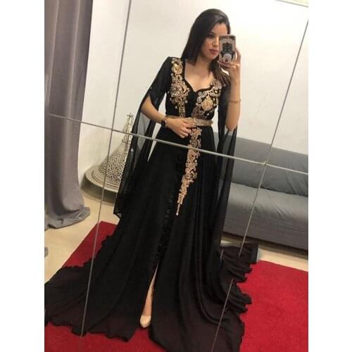 Black Chiffon Formal Evening Dress 2021 Gold Embroidery Muslim Dubai Special Occasion A Line Prom Party Dress