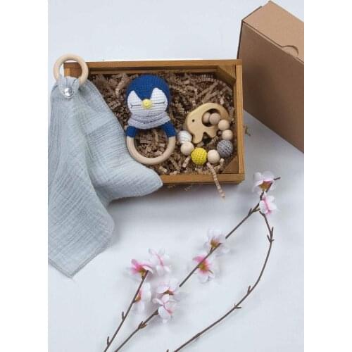 Girl Boy Baby Newborn Organic Handmade Style Babies 3 Pcs Mom Gift Set Box Special Penguin Amigurumi Rattle Play Ring mouth Wipe