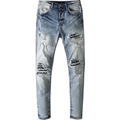 New High Street Fashion Hip Hop Jeans Blue Hole Made Old Printed Patch Stretch Slim Jeans Male Denim Pants Tide Brand Trousers