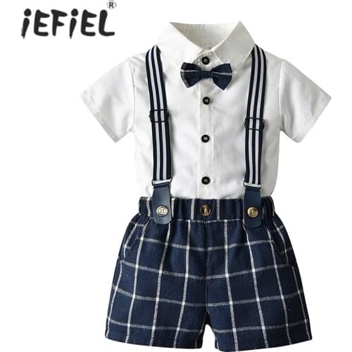 Toddler Baby Boy Gentleman Formal Suit For First 1st Birthday Party Wedding T-shirt+Suspender Pants Bow Tie Sets Baptism Costume