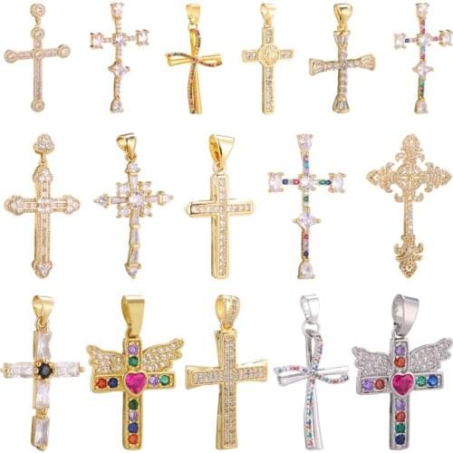 Juya DIY Cubic Zirconia Gold Luxury Christian Cross Necklace Charms For Handmade Prayer Rosary Pendant Religious Jewelry Making